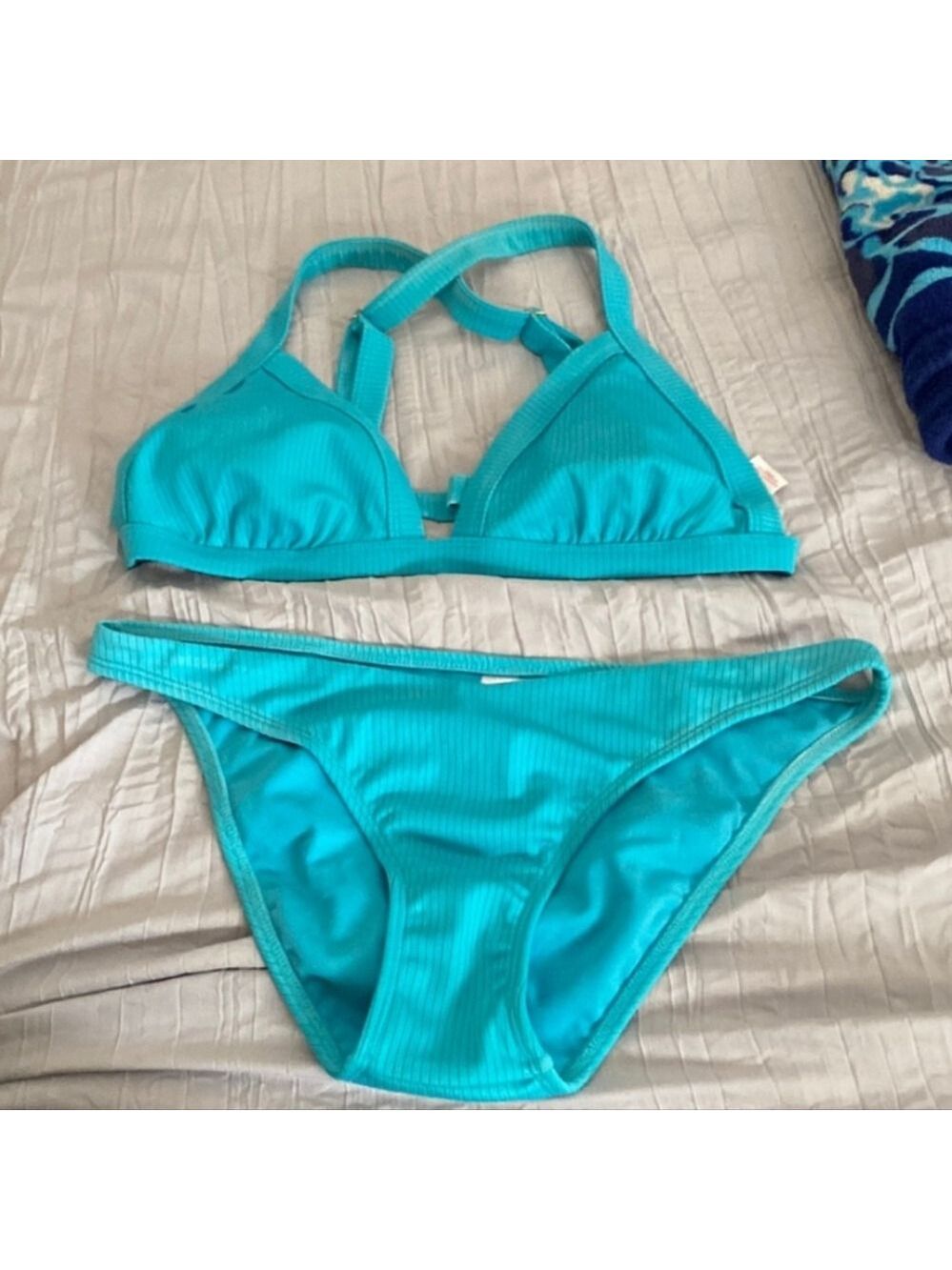 Xhilaration Aqua Blue Ribbed Bikini Set, Size L Top/M Bottom